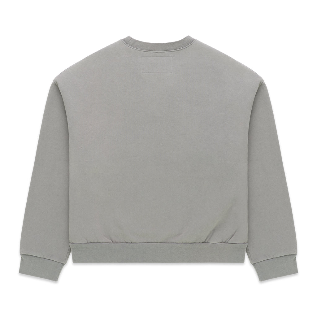Back of a grey SP5DER CUNTRY CREWNECK, 13oz 100% cotton brushed fleece with ribbed collar, hem, and cuffs.