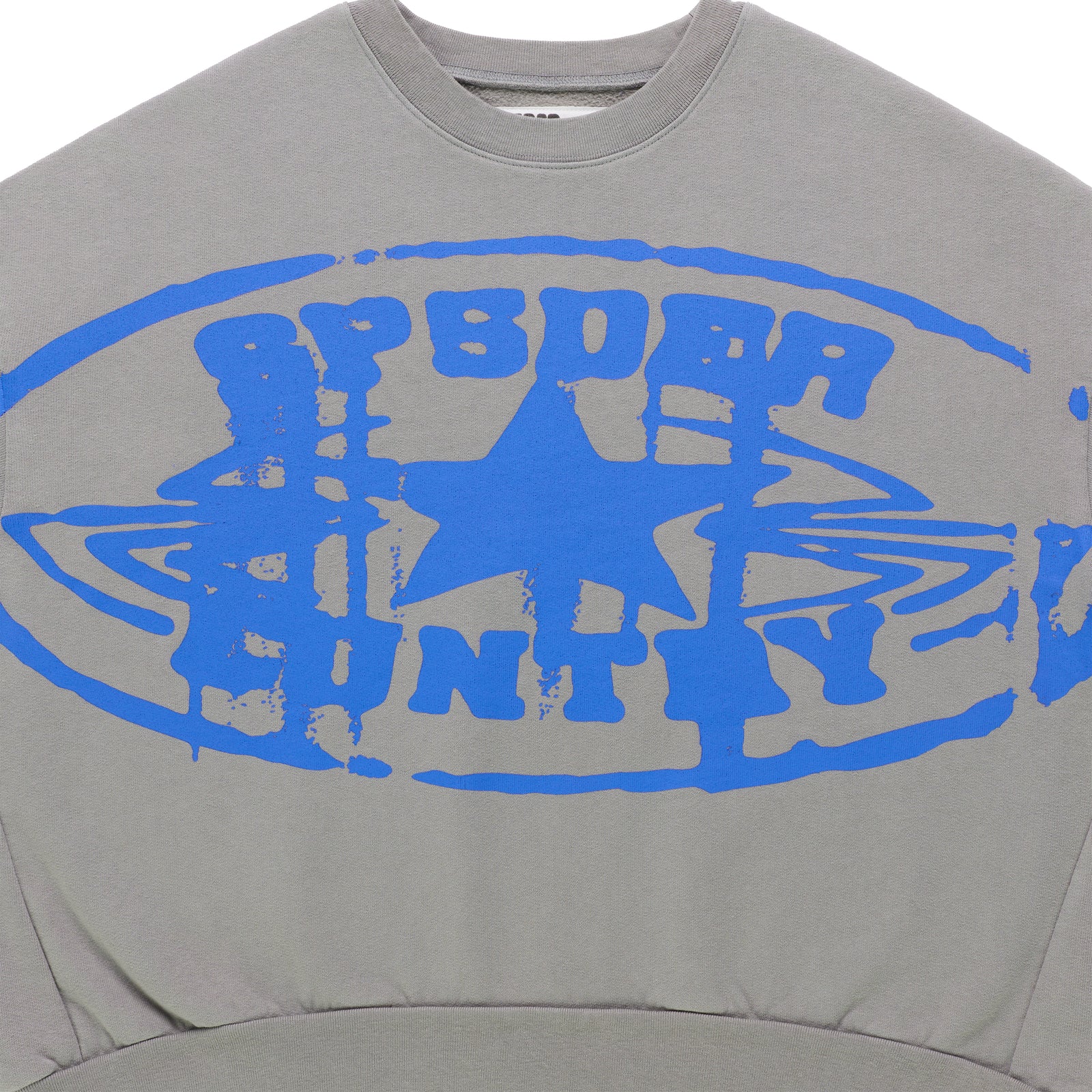 Grey SP5DER CUNTRY CREWNECK with a distressed blue graphic print and star. 13oz cotton fleece.