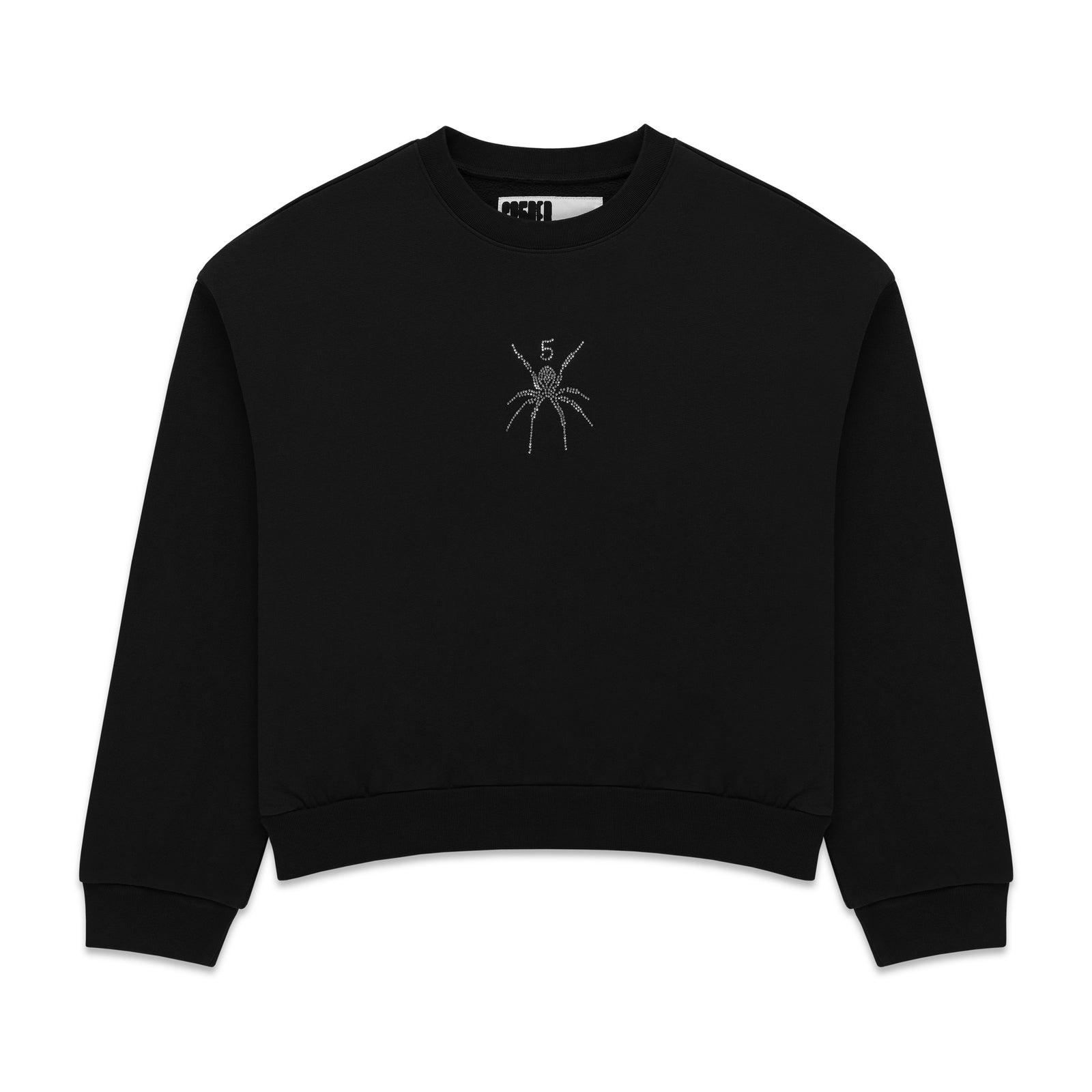 Black cotton crewneck with rhinestone spider graphic on front.