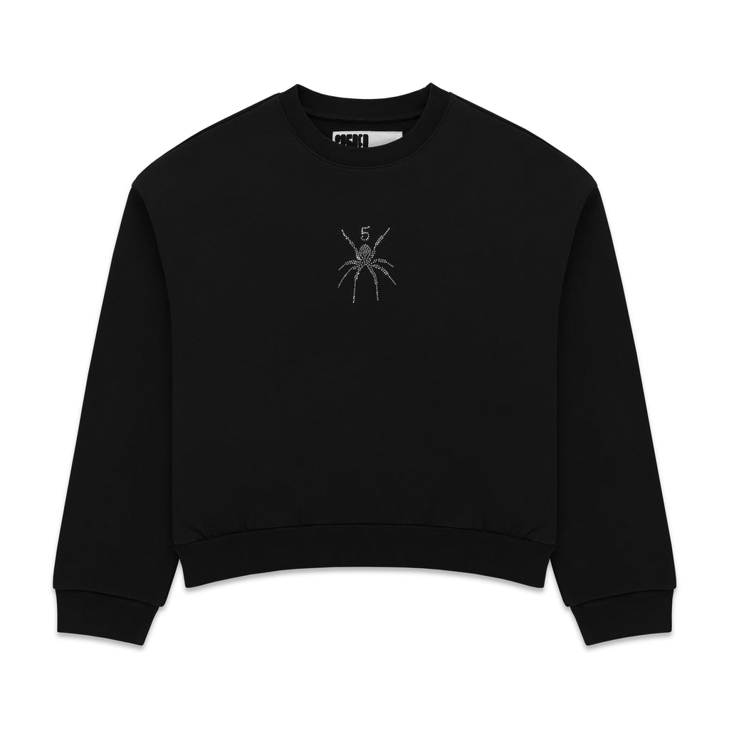 Black cotton crewneck with rhinestone spider graphic on front.