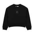 Black cotton crewneck with rhinestone spider graphic on front.