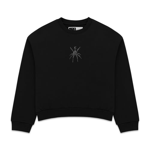 Black cotton crewneck with rhinestone spider graphic on front.
