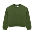 Olive green cotton fleece crewneck with rhinestone spider graphic.