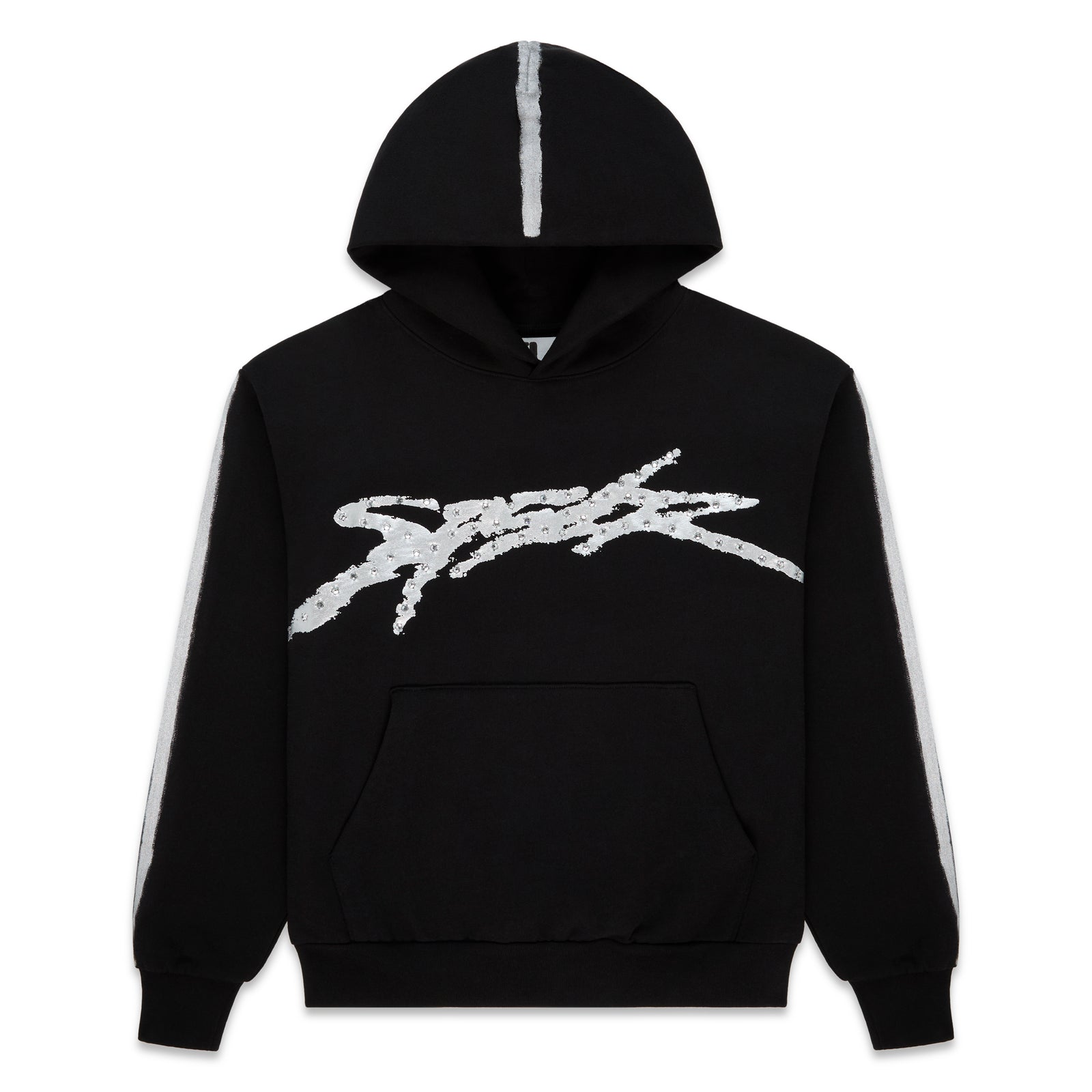 Black cotton fleece hoodie with metallic "SP5DER" logo, rhinestone accents, and sprayed-effect stripes.
