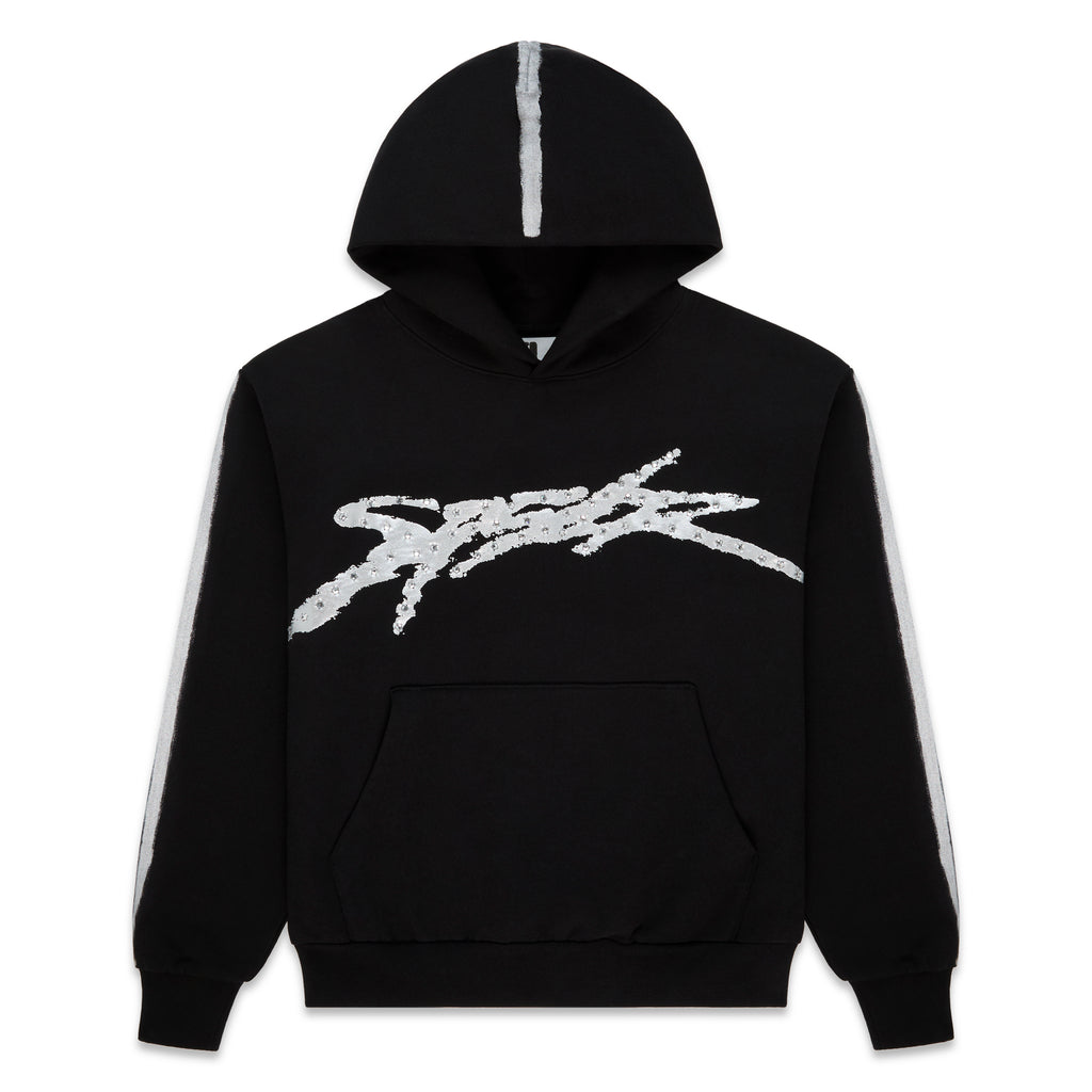 Black cotton fleece hoodie with metallic "SP5DER" logo, rhinestone accents, and sprayed-effect stripes.