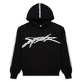 Black cotton fleece hoodie with metallic "SP5DER" logo, rhinestone accents, and sprayed-effect stripes.