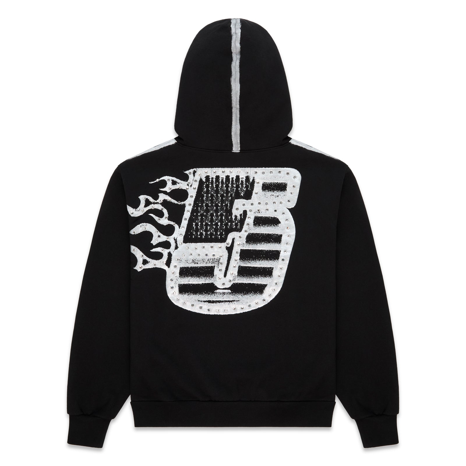 Black cotton fleece hoodie, flaming "5" with rhinestones on back, sprayed stripe on sleeves & hood.