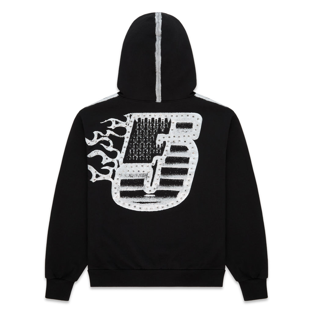 Black cotton fleece hoodie, flaming "5" with rhinestones on back, sprayed stripe on sleeves & hood.