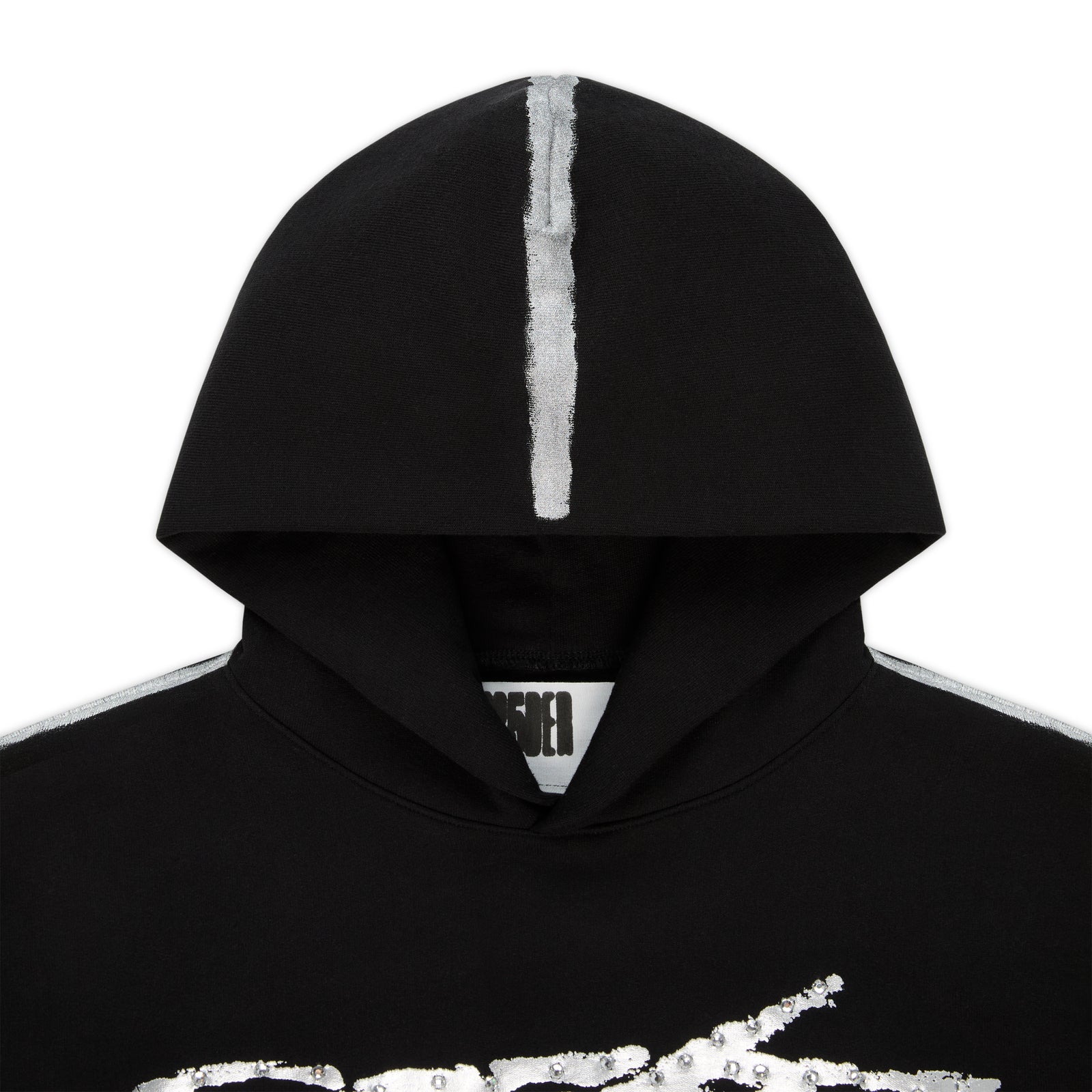 Black cotton fleece hoodie with metallic graphic, rhinestone SP5DER logo, and sprayed-effect stripes.