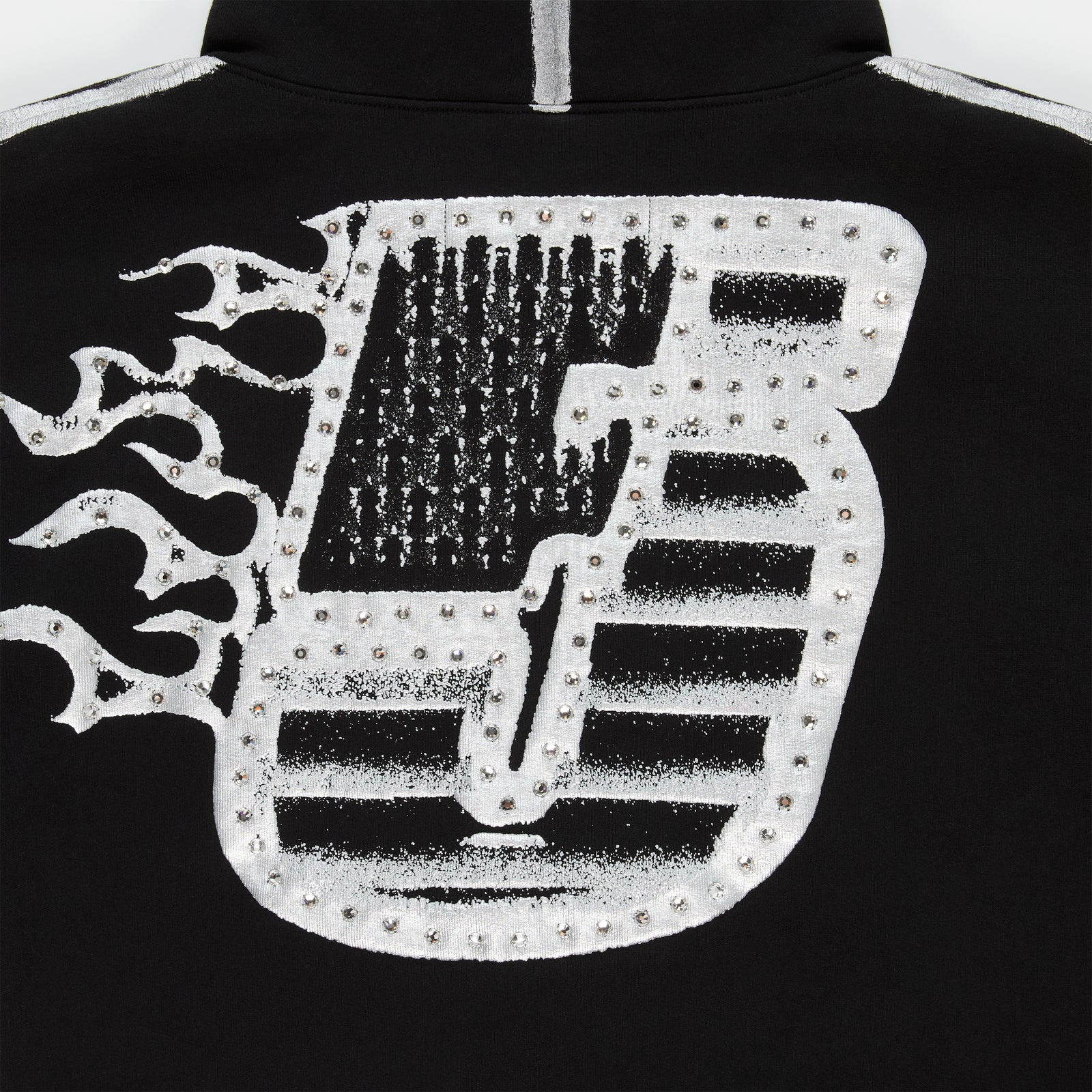 Black cotton fleece hoodie with flaming rhinestone "5" graphic on back.