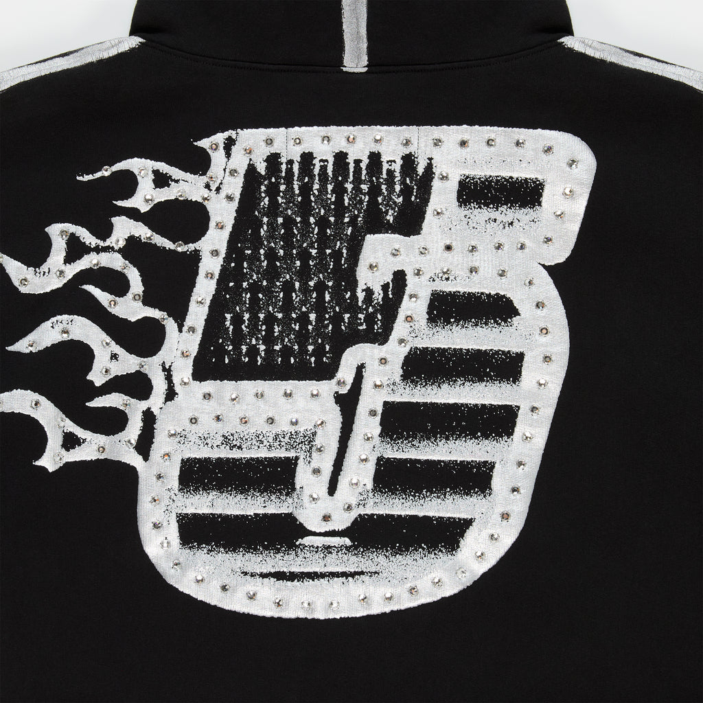 Black cotton fleece hoodie with flaming rhinestone "5" graphic on back.