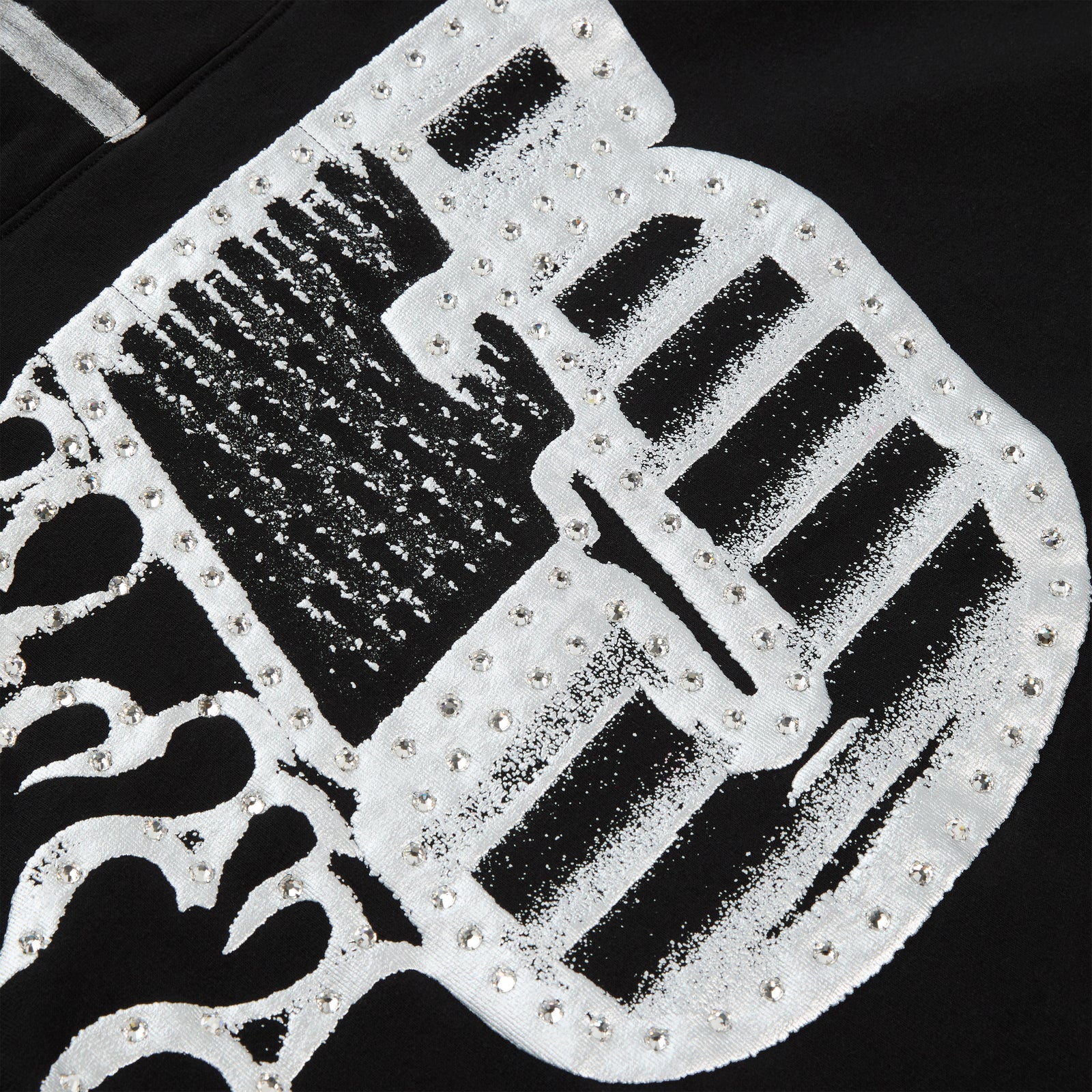 Black cotton fleece hoodie with metallic graphic and rhinestone "SP5DER" logo.