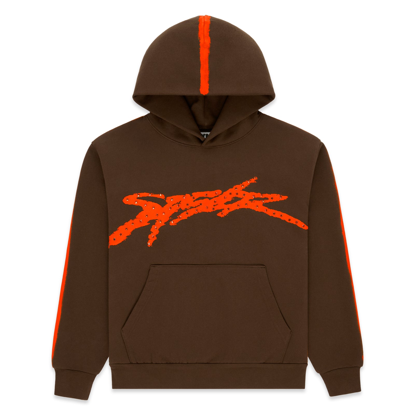 Brown fleece hoodie with orange "SP5DER" logo and stripe accents.