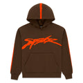 Brown fleece hoodie with orange "SP5DER" logo and stripe accents.