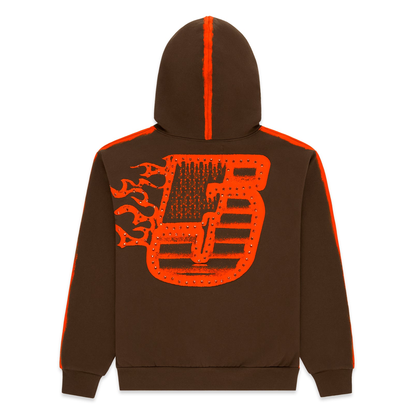 Brown cotton fleece hoodie with flaming orange "5" and rhinestones on back, orange sprayed stripes.