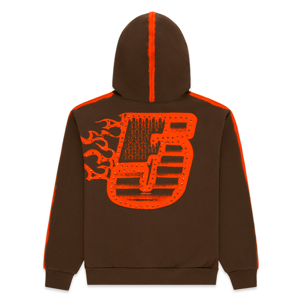 Brown cotton fleece hoodie with flaming orange "5" and rhinestones on back, orange sprayed stripes.