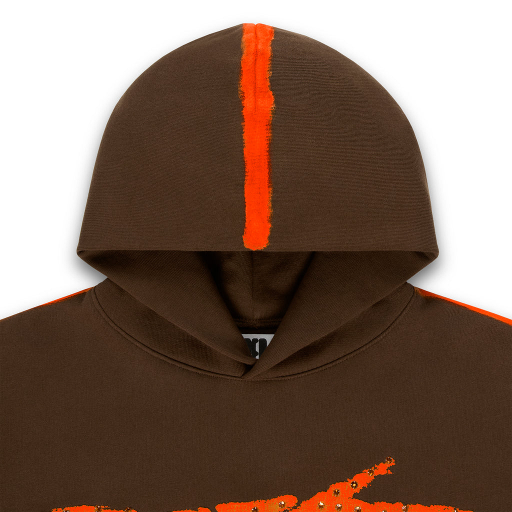 Brown cotton fleece hoodie with orange sprayed stripe on hood and sleeves, rhinestone accents.