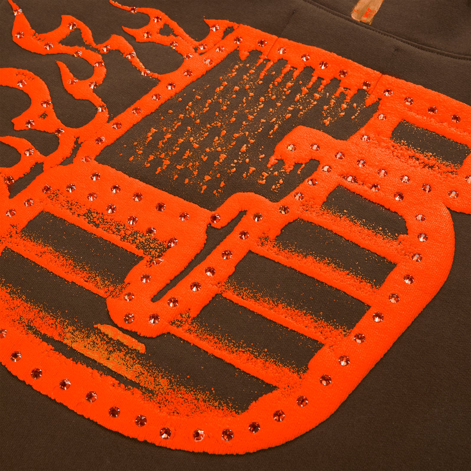 Brown cotton fleece hoodie with flaming orange "5" design and rhinestone accents.