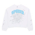 White VARSITY WEB CREWNECK with blue "SP5DER" text, gray spider web, and scattered black stars.