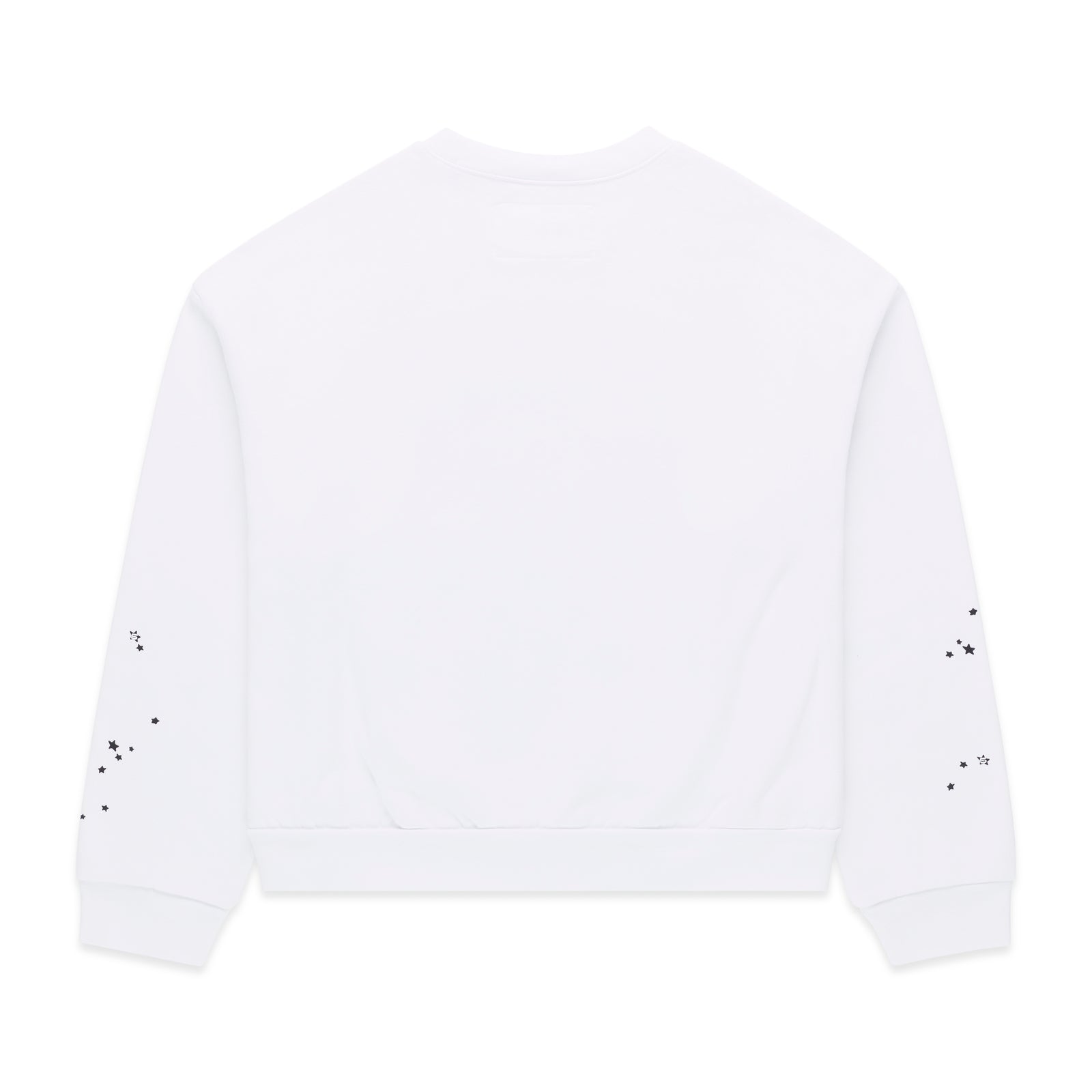 White 13oz cotton brushed fleece crewneck with scattered black star print on sleeves.