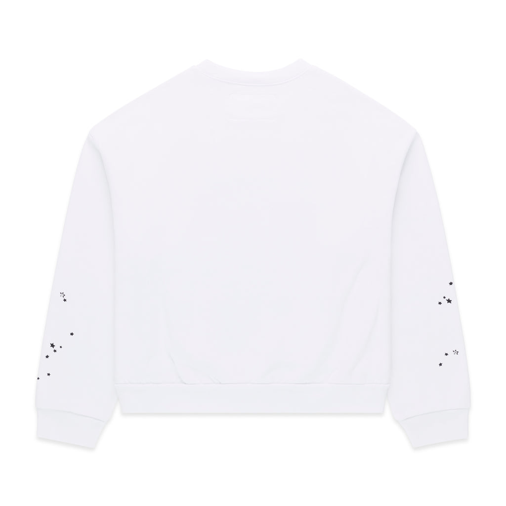 White 13oz cotton brushed fleece crewneck with scattered black star print on sleeves.