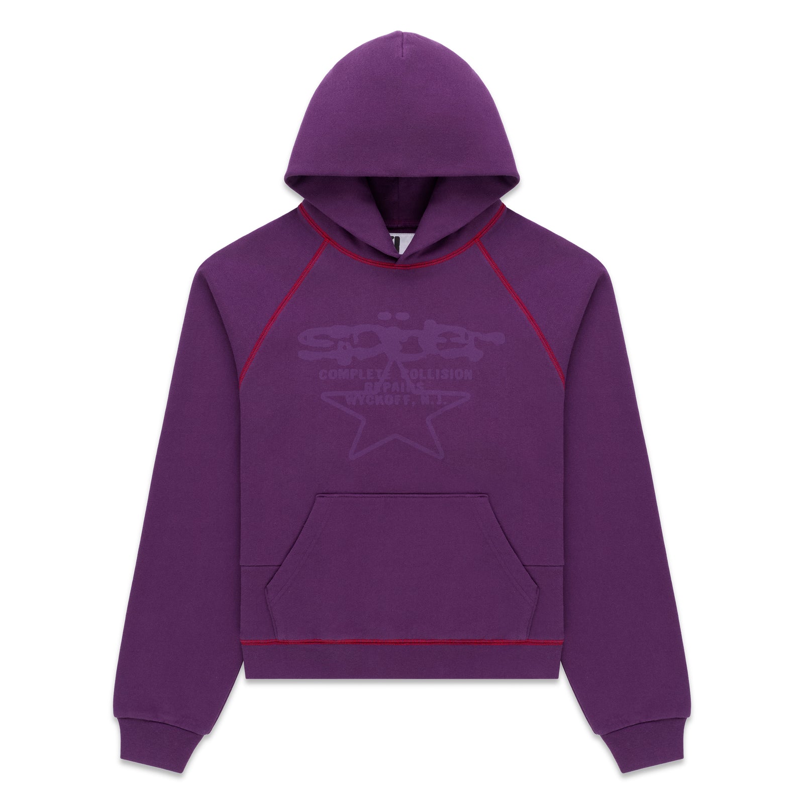 Purple 13oz cotton fleece hoodie with "SPLAT COLLISION" graphic, red contrast stitching, kangaroo pocket, and rib knit trims.