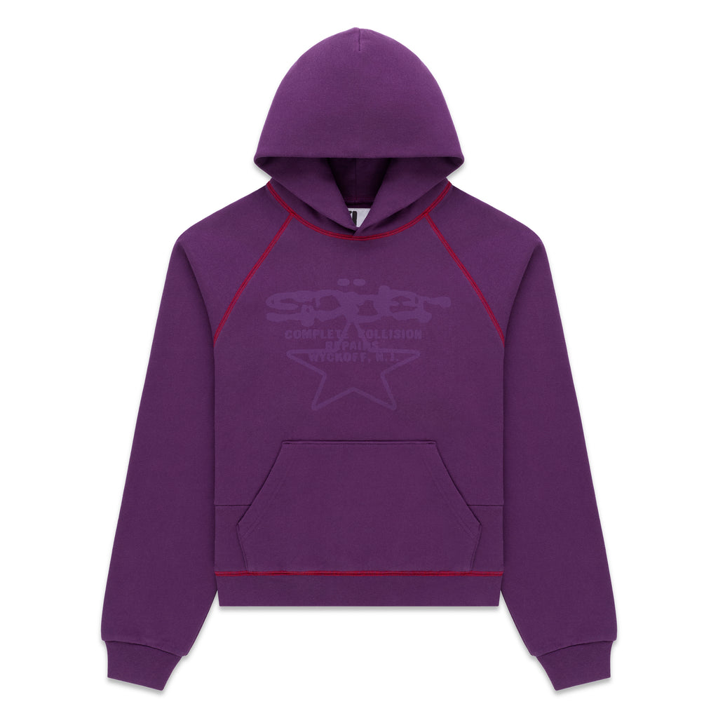 Purple 13oz cotton fleece hoodie with "SPLAT COLLISION" graphic, red contrast stitching, kangaroo pocket, and rib knit trims.