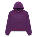 Purple 13oz cotton fleece hoodie with "SPLAT COLLISION" graphic, red contrast stitching, kangaroo pocket, and rib knit trims.
