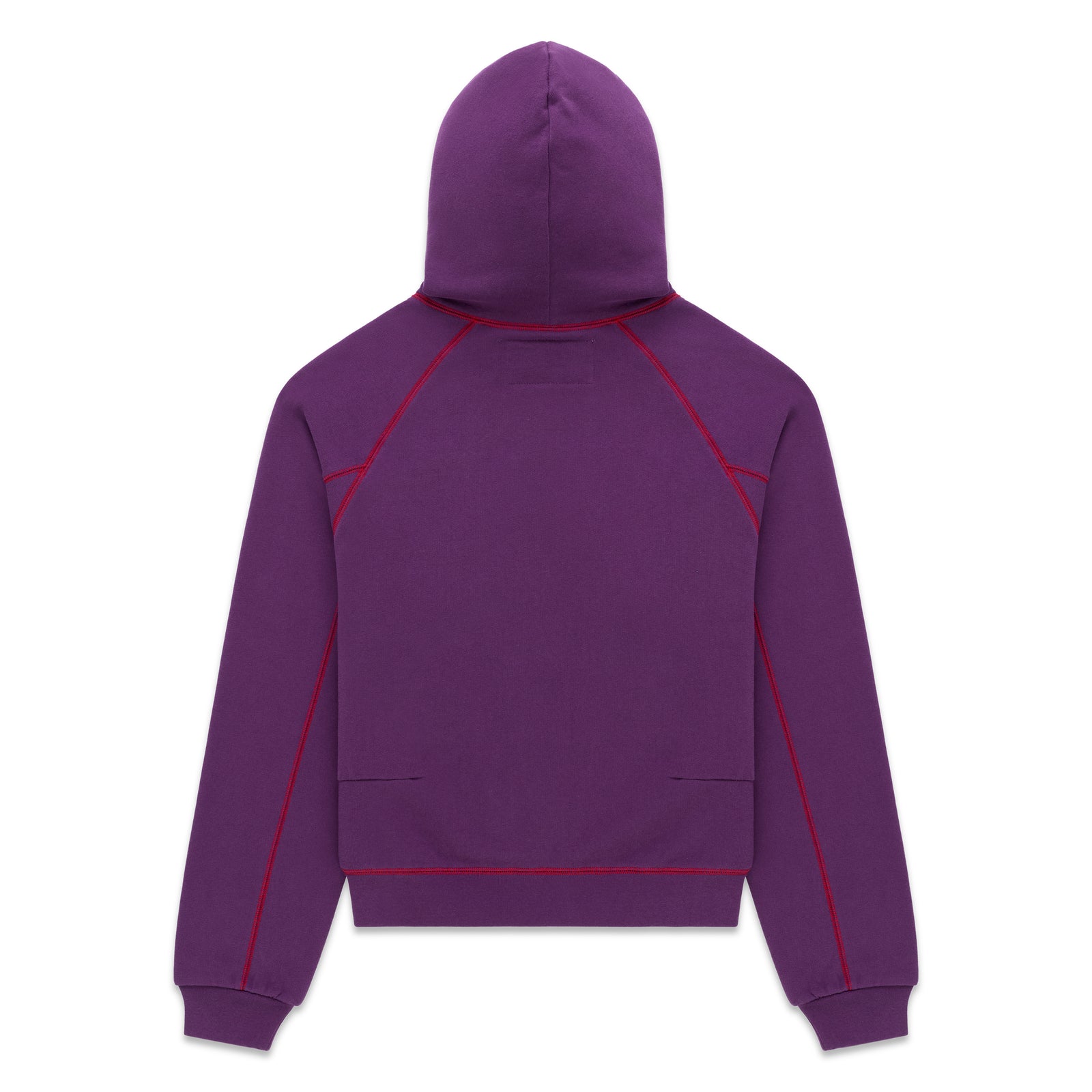 Purple 13oz cotton fleece hoodie with red contrast stitching, kangaroo pocket, rib knit hem and cuffs.