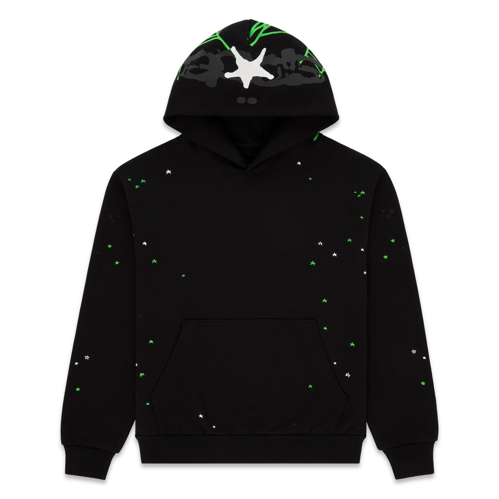 Black cotton fleece hoodie with scattered white and green stars, green web print on hood.