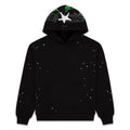Black cotton fleece hoodie with scattered white and green stars, green web print on hood.