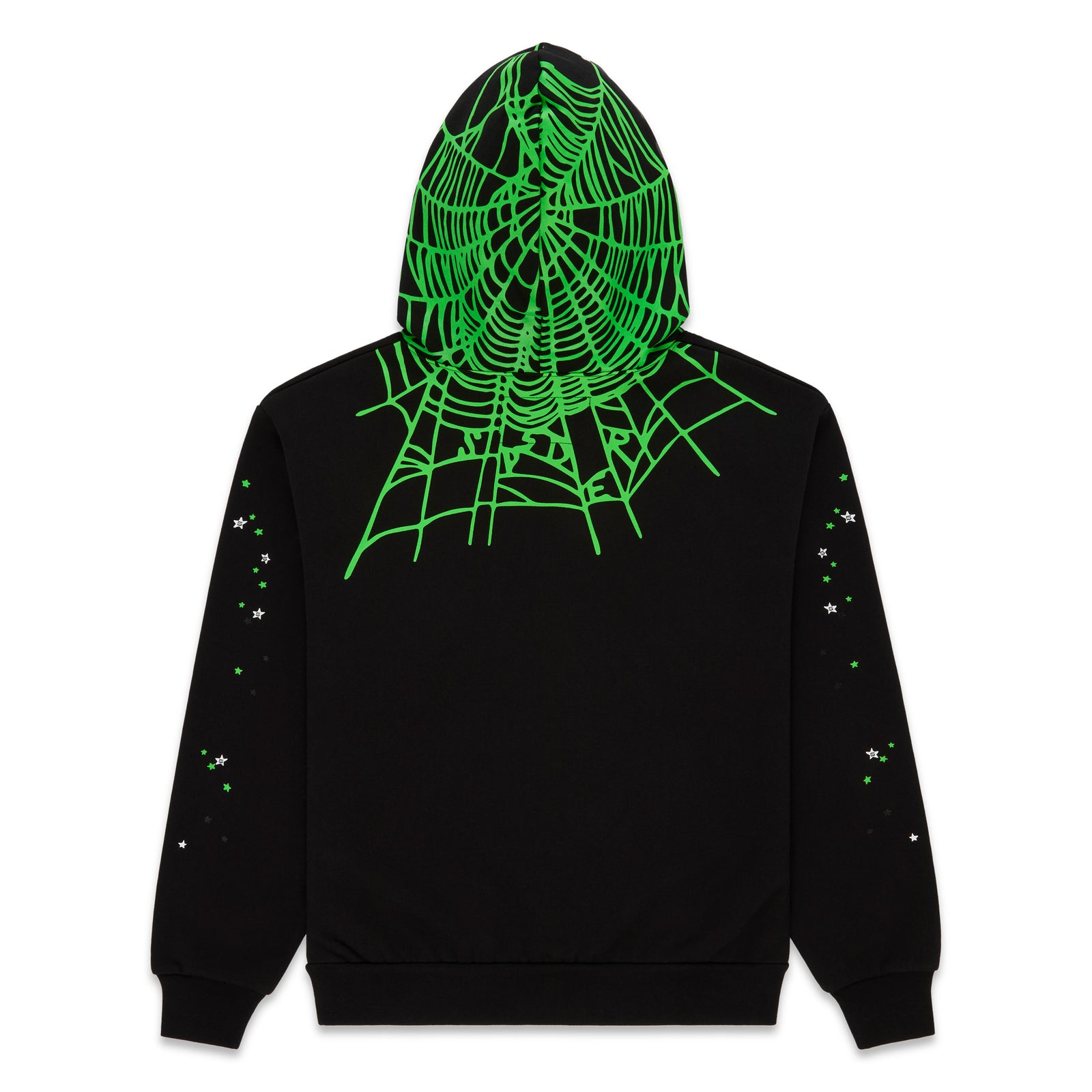 Black heavy web hoodie with a vibrant green spider web print on the back hood and shoulders, and scattered stars on the sleeves.