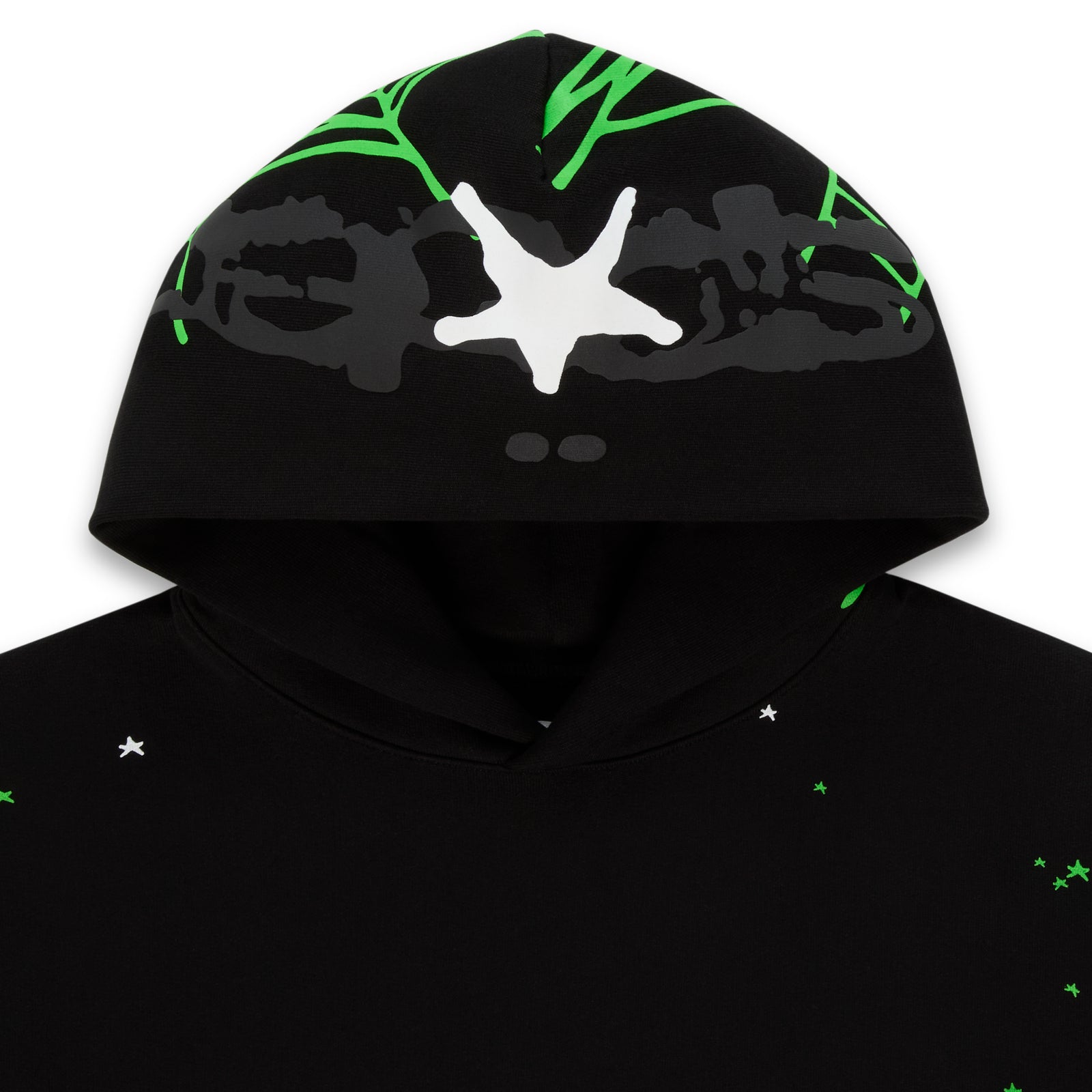 Black 13oz cotton fleece hoodie with green web print on hood, white star on front, and scattered stars.