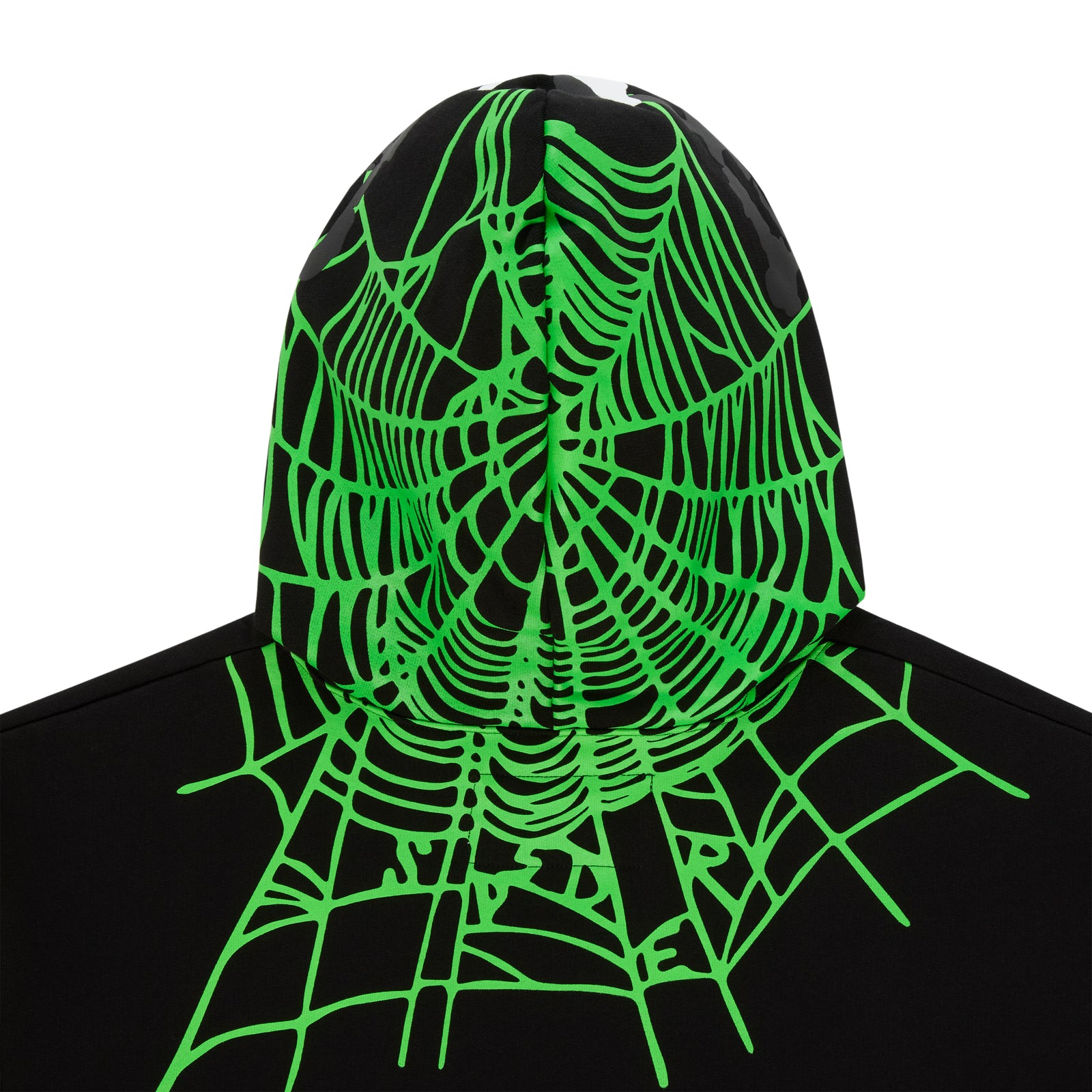 Black heavy web hoodie with a bright green spider web design on the back hood and shoulders.