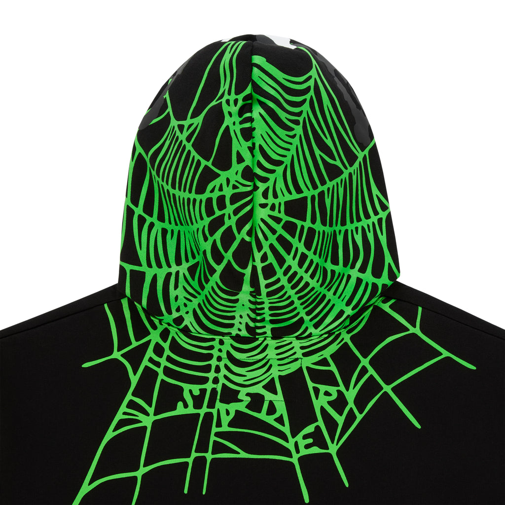 Black heavy web hoodie with a bright green spider web design on the back hood and shoulders.