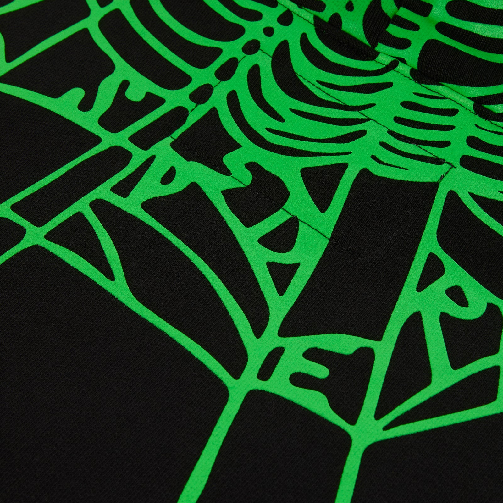 Black 13oz cotton fleece hoodie with vibrant green web print on the back hood and shoulders.