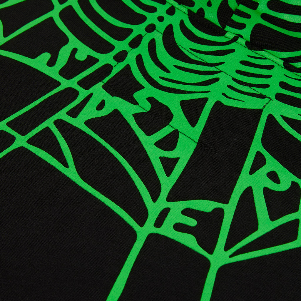 Black 13oz cotton fleece hoodie with vibrant green web print on the back hood and shoulders.