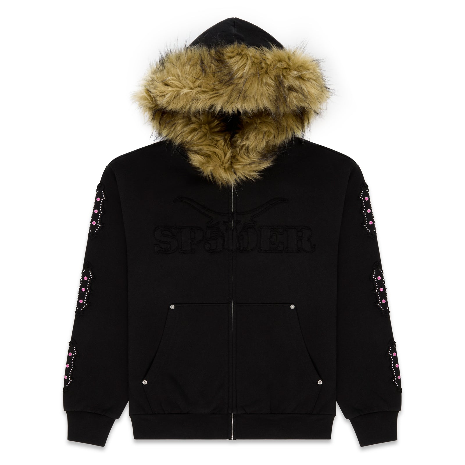Black 13oz cotton fleece Garibaldi zip-up hoodie with faux fur hood trim, SP5DER patches, patterned sleeves with pink stone appliqué, and studded pockets.