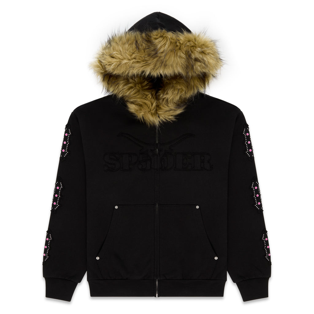 Black 13oz cotton fleece Garibaldi zip-up hoodie with faux fur hood trim, SP5DER patches, patterned sleeves with pink stone appliqué, and studded pockets.
