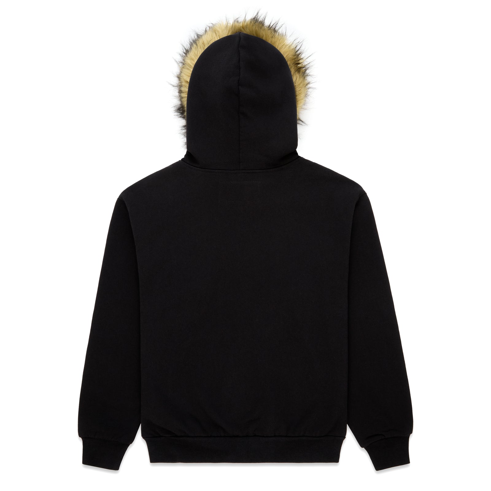 Black 13oz cotton fleece Garibaldi zip-up hoodie with faux fur hood trim.