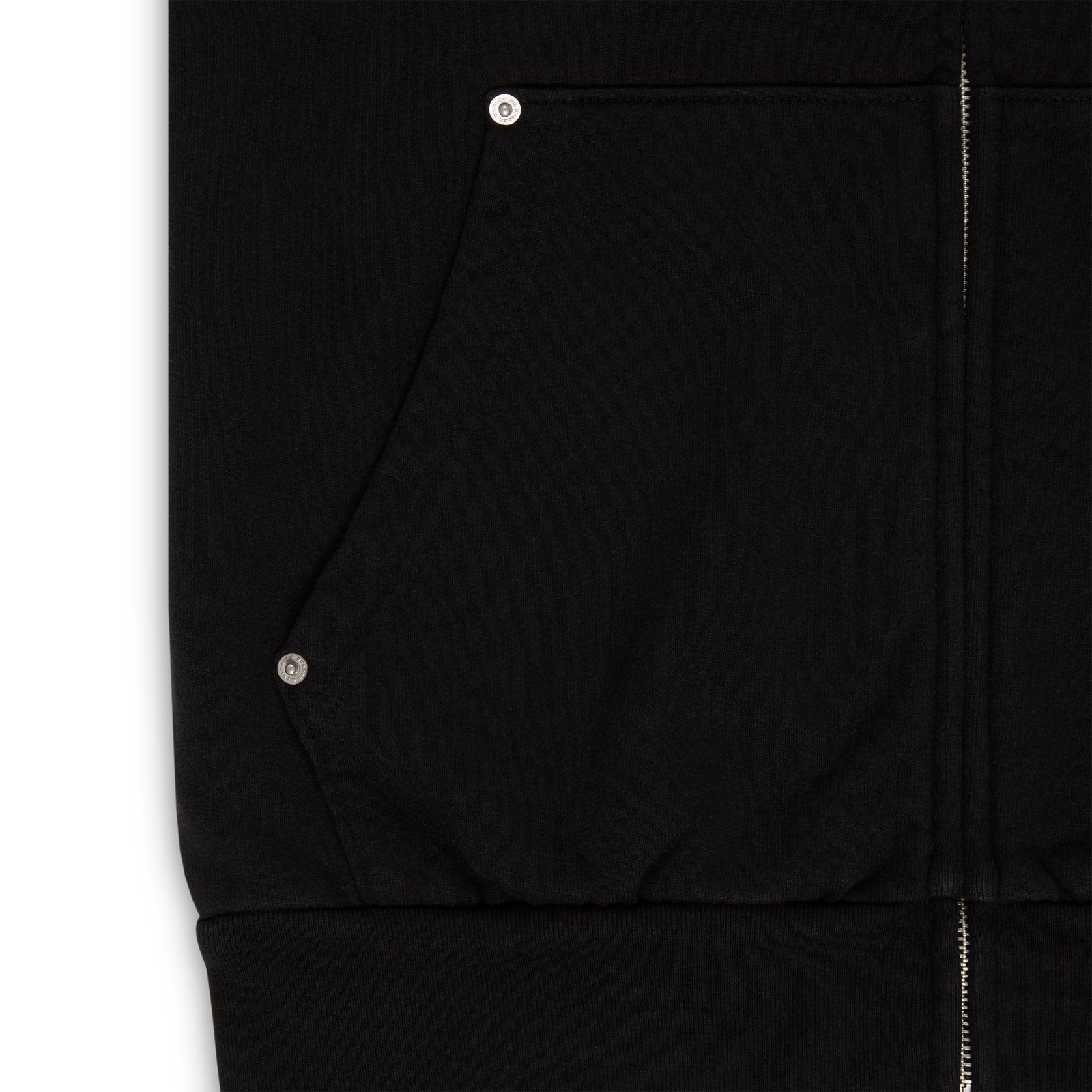 Black 13oz cotton fleece Garibaldi zip-up with studded pockets.