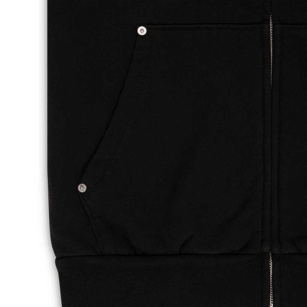 Black 13oz cotton fleece Garibaldi zip-up with studded pockets.