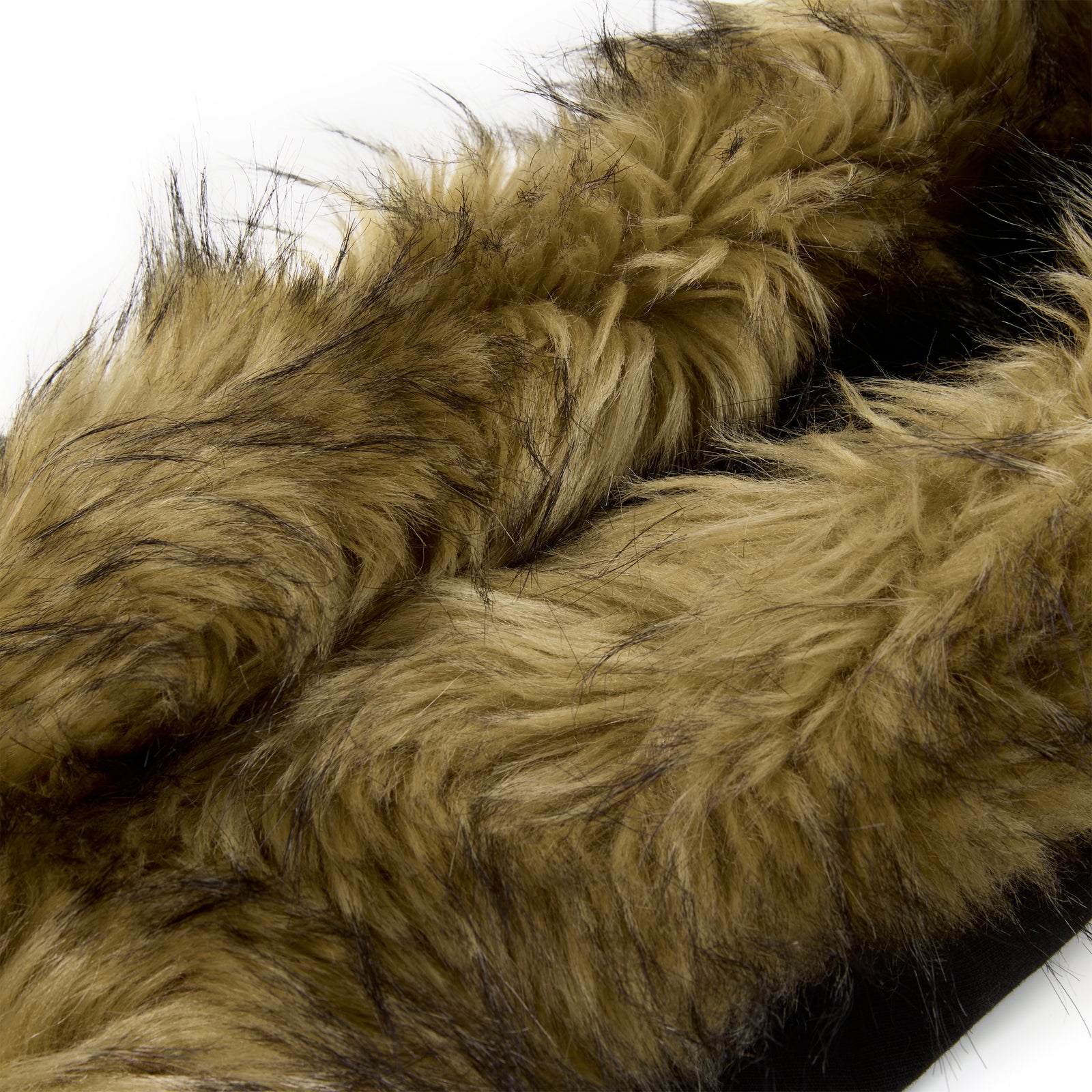 Close-up of brown faux fur trim on a black Garibaldi zip-up hoodie.