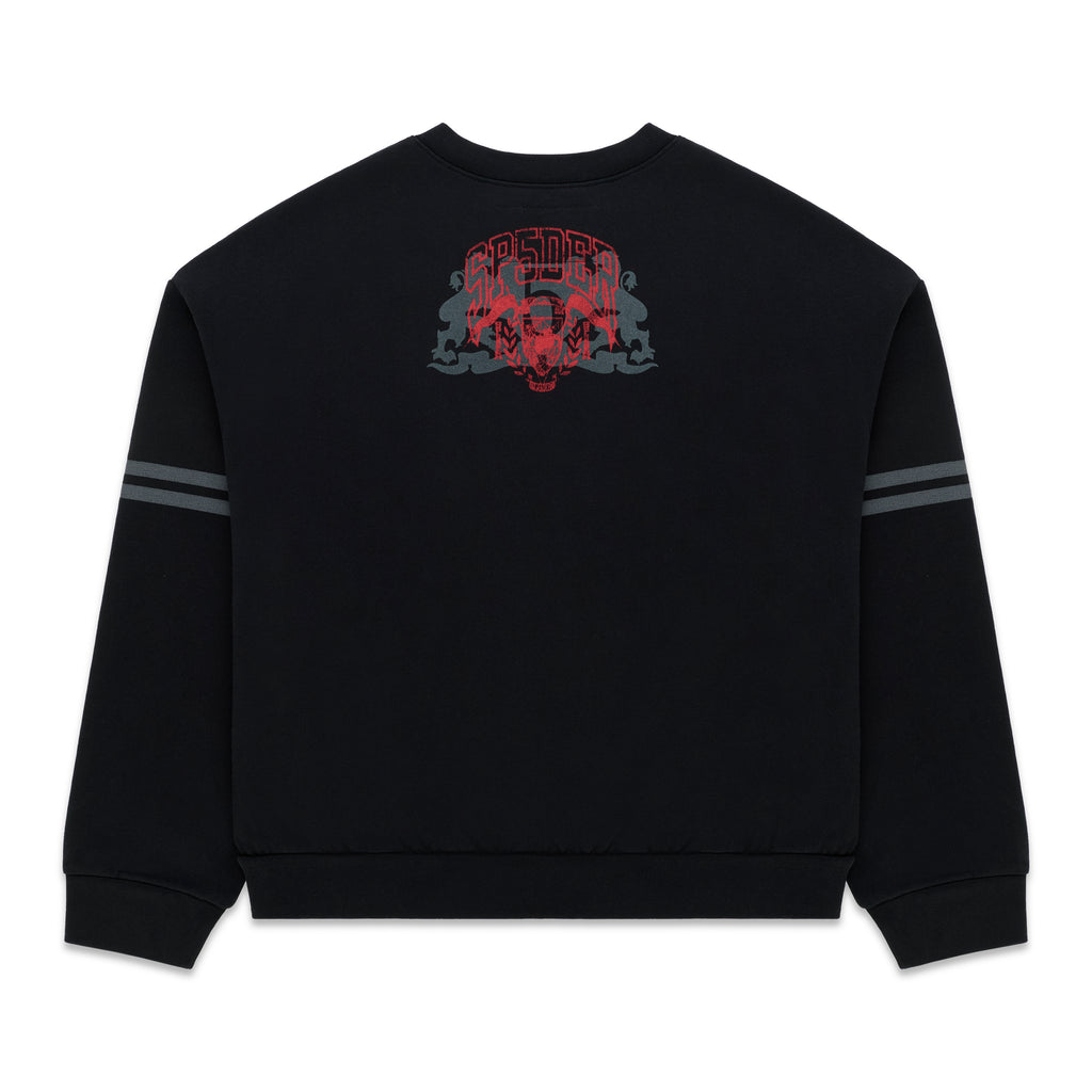 ARANEA CREWNECK: Black oversized sweatshirt with red and grey graphic print on back, grey stripes on sleeves.