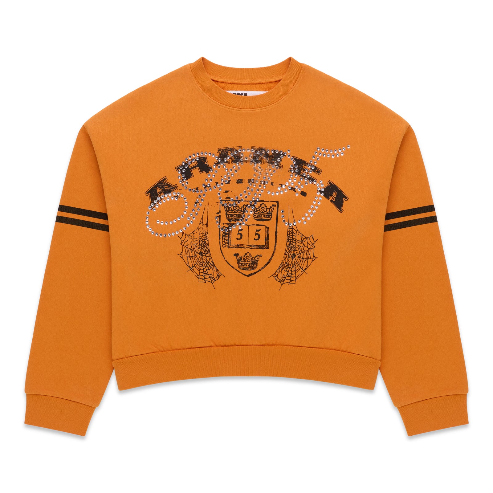 Orange ARANEA CREWNECK sweatshirt with black stripes on sleeves and rhinestone-embellished graphic.