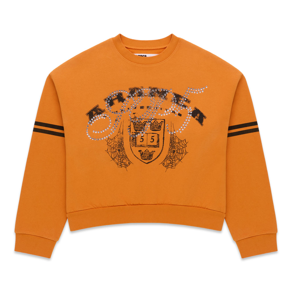 Orange ARANEA CREWNECK sweatshirt with black stripes on sleeves and rhinestone-embellished graphic.