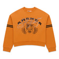 Orange ARANEA CREWNECK sweatshirt with black stripes on sleeves and rhinestone-embellished graphic.