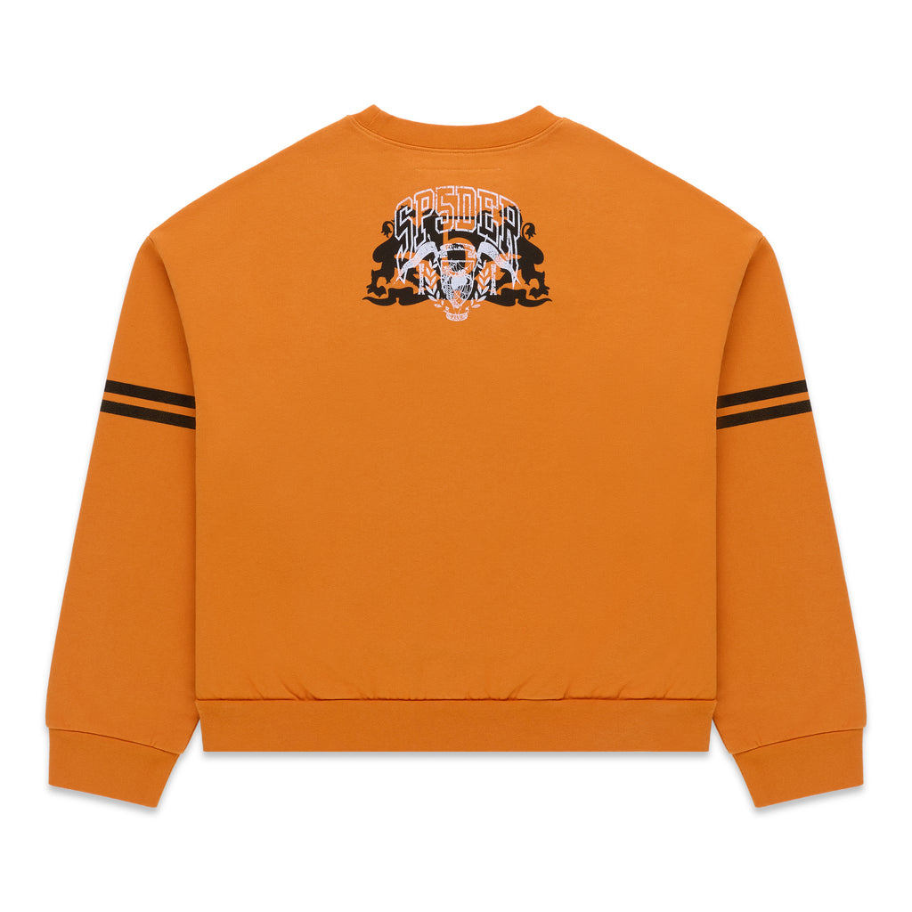 Orange ARANEA CREWNECK with black sleeve stripes and a white, black, and orange spider graphic on the back.
