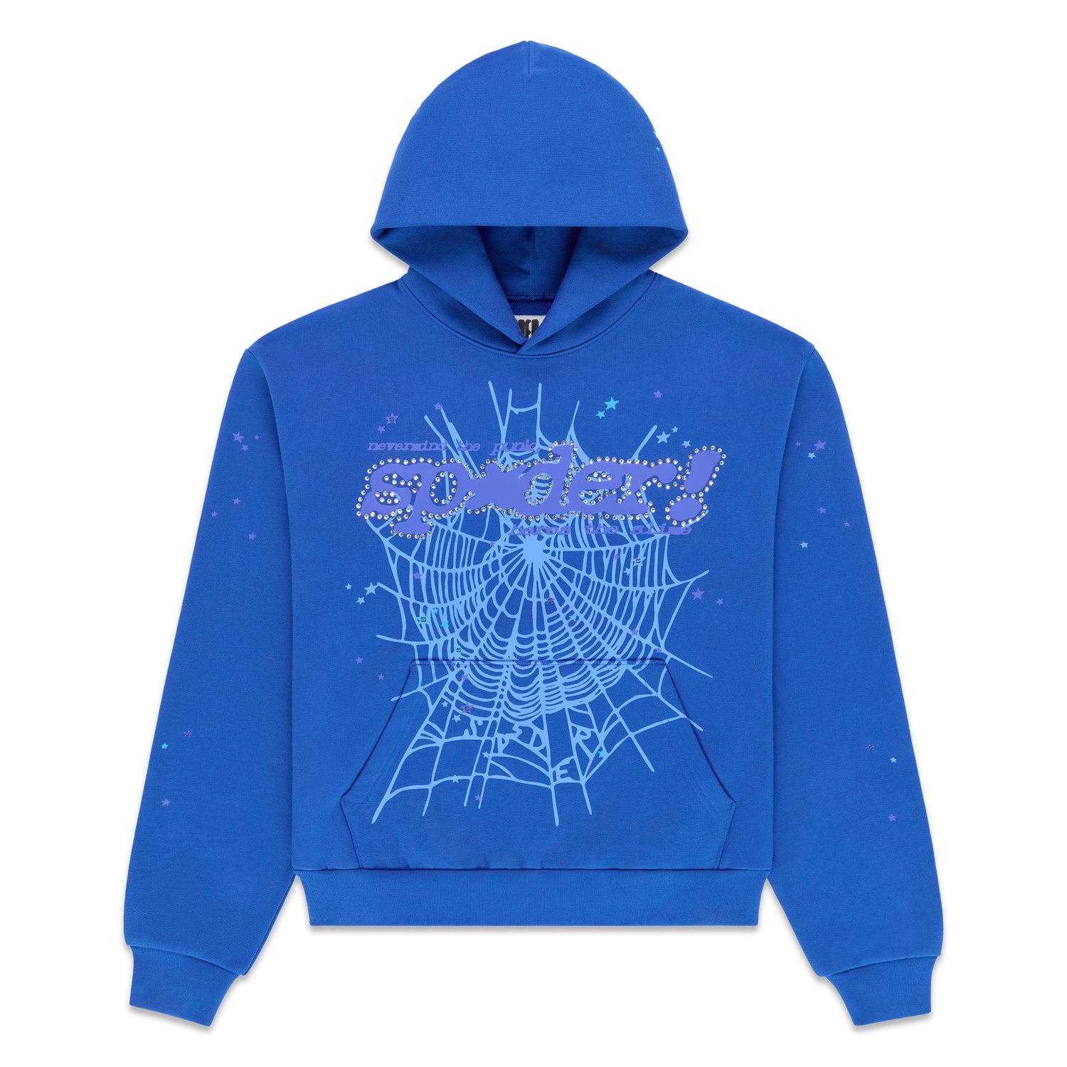 Blue RHINESTONE PUNK V2 HOODIE with "SPIDER!" text, spiderweb, and star rhinestones.