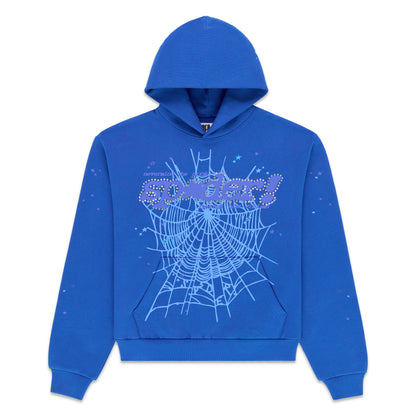 Blue RHINESTONE PUNK V2 HOODIE with "SPIDER!" text, spiderweb, and star rhinestones.